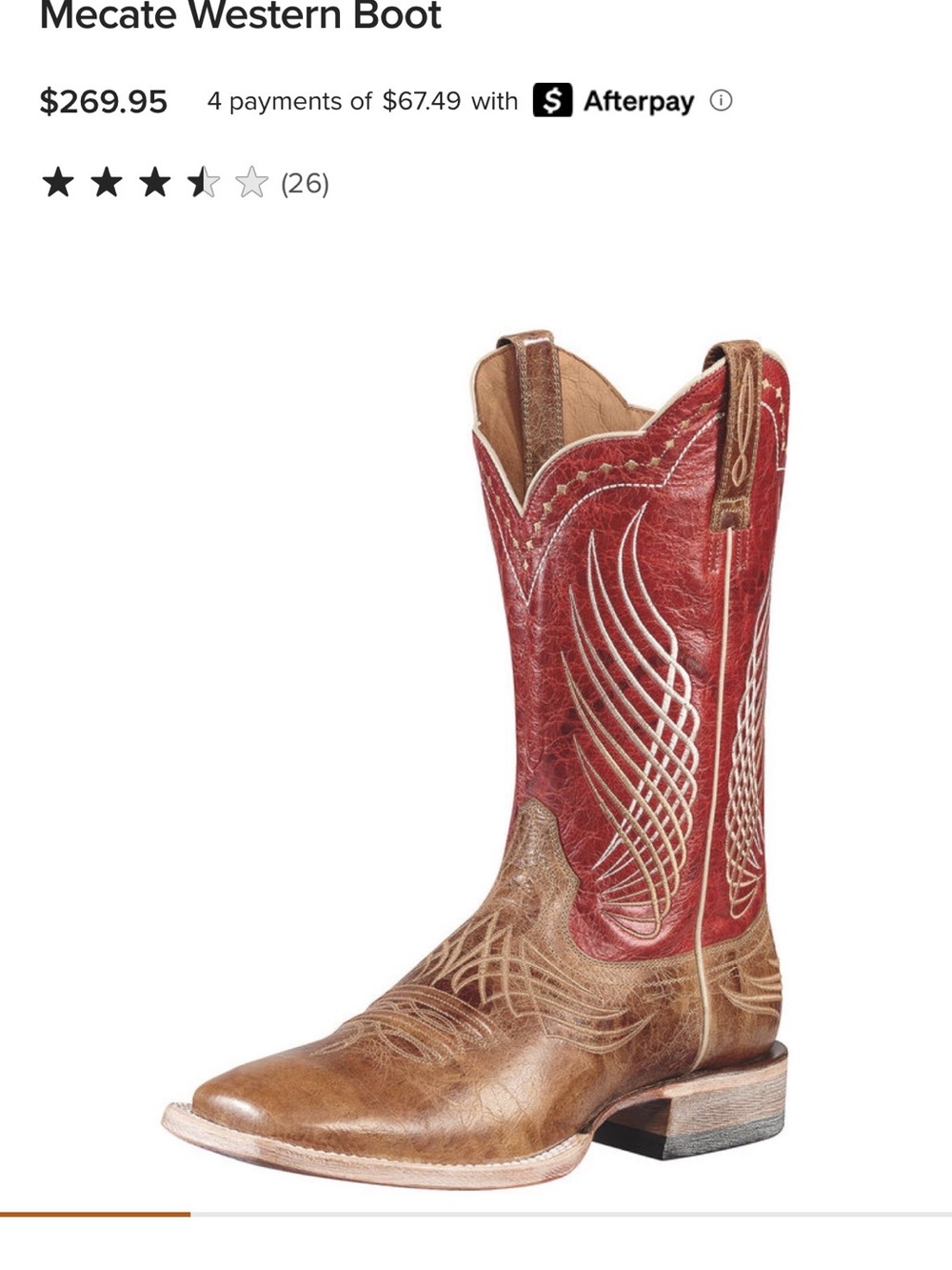 Men's ARIAT Mecate Brown Leather Cowboy Boots with Red Shaft and Wing Stitching - Picture 3 of 8